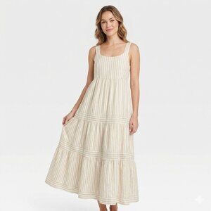 Linda Anderson Dress Sandy Stripes Tiered Sun Dress Cotton Tan Gold Small